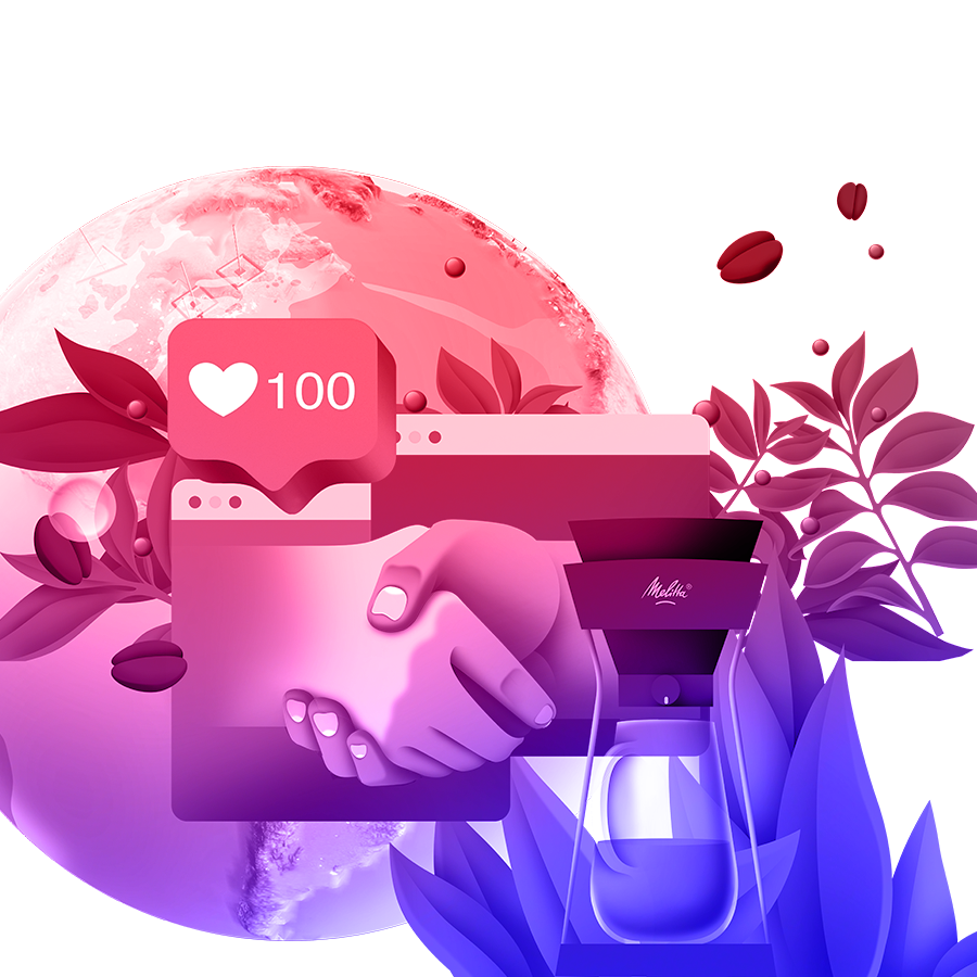 Illustration einer Weltkugel, einer Kaffeefilterkanne und eines Händeschlags