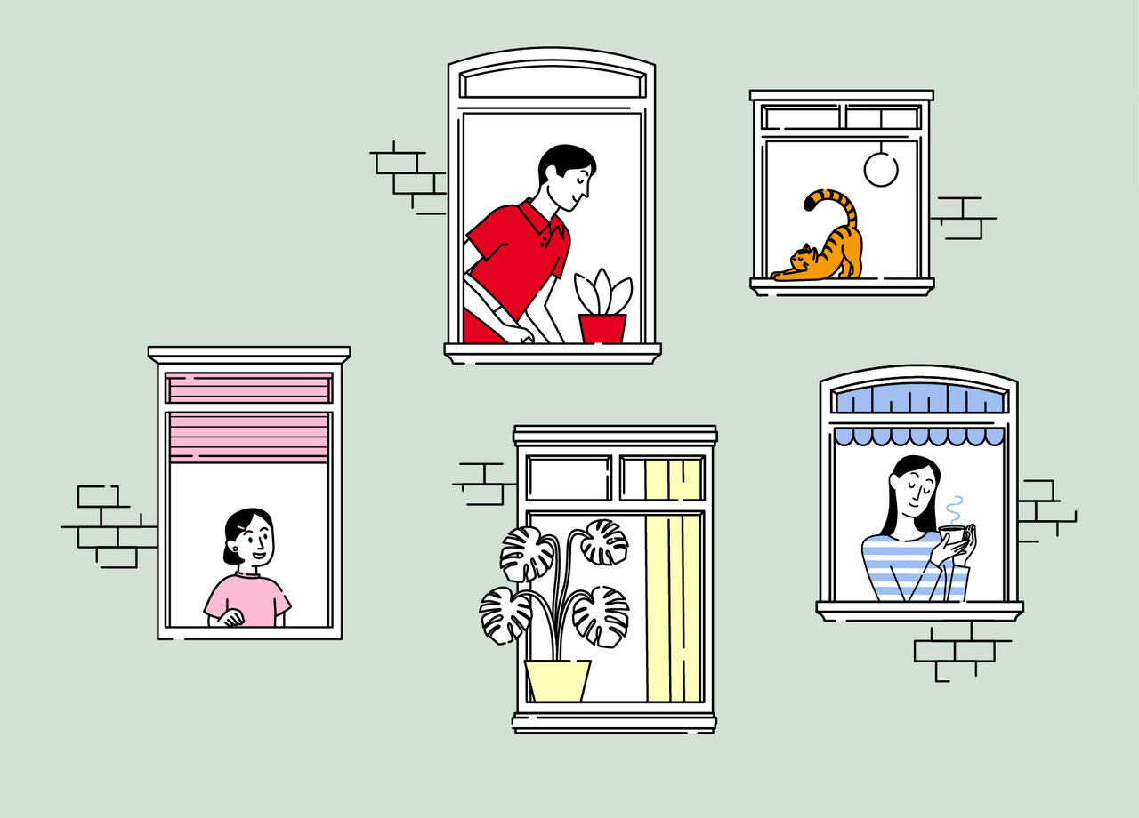 Illustration: Fünf Fenster an einer hellgrünen Hauswand zeigen Alltagsszenen. Ein Mann pflegt eine Pflanze, eine Katze streckt sich, eine Frau trinkt entspannt Kaffee. 