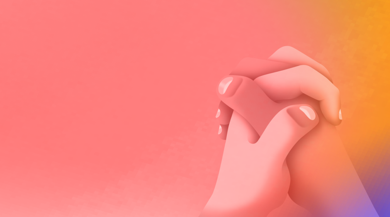 Ineinandergreifende Hände auf rotem Hintergrund