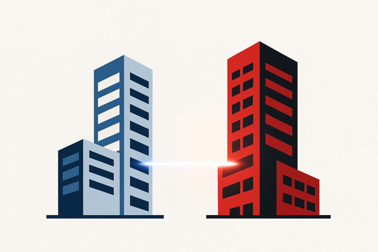 Illustration zweier Bürohochhäuser eines in grau-blau und eines in rot sind durch einen Lichtpuls miteinander horizontal verbunden.