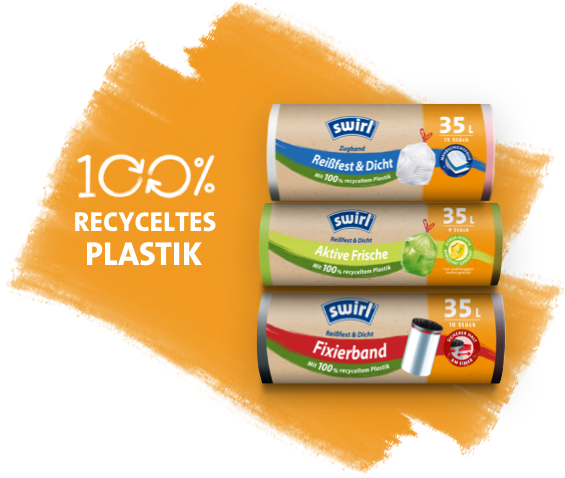 Drei Packungen Müllbeutel liegen untereinander, daneben steht geschrieben: 100 % recyceltes Plastik