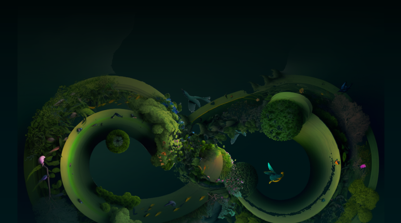 Illustration zeigt sinnnbildlich eine regenerative Wirtschaftsweise am Beispiel einer grünen achtförmigen Landschaft